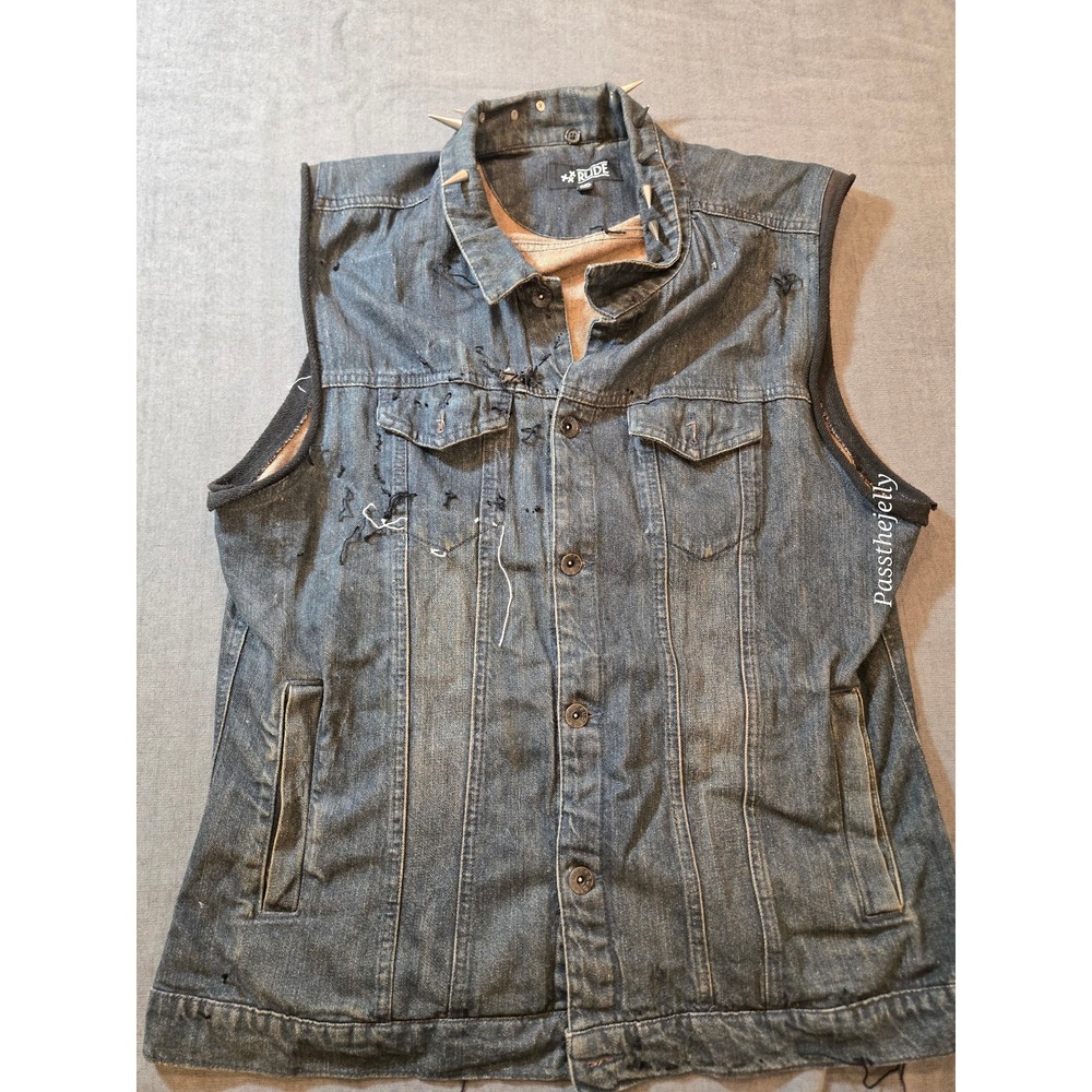 Rude Denim Vest XXL Biker Goth Rock Grunge Biker Spiked Collar Distressed